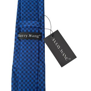 Barry Wang Tie Mens Silk Woven Jacquard Necktie Blue Hand Tailored Checkered